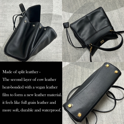 Black Top Handle Bag, Split Leather Shoulder Bags, Slouchy Style Handbags