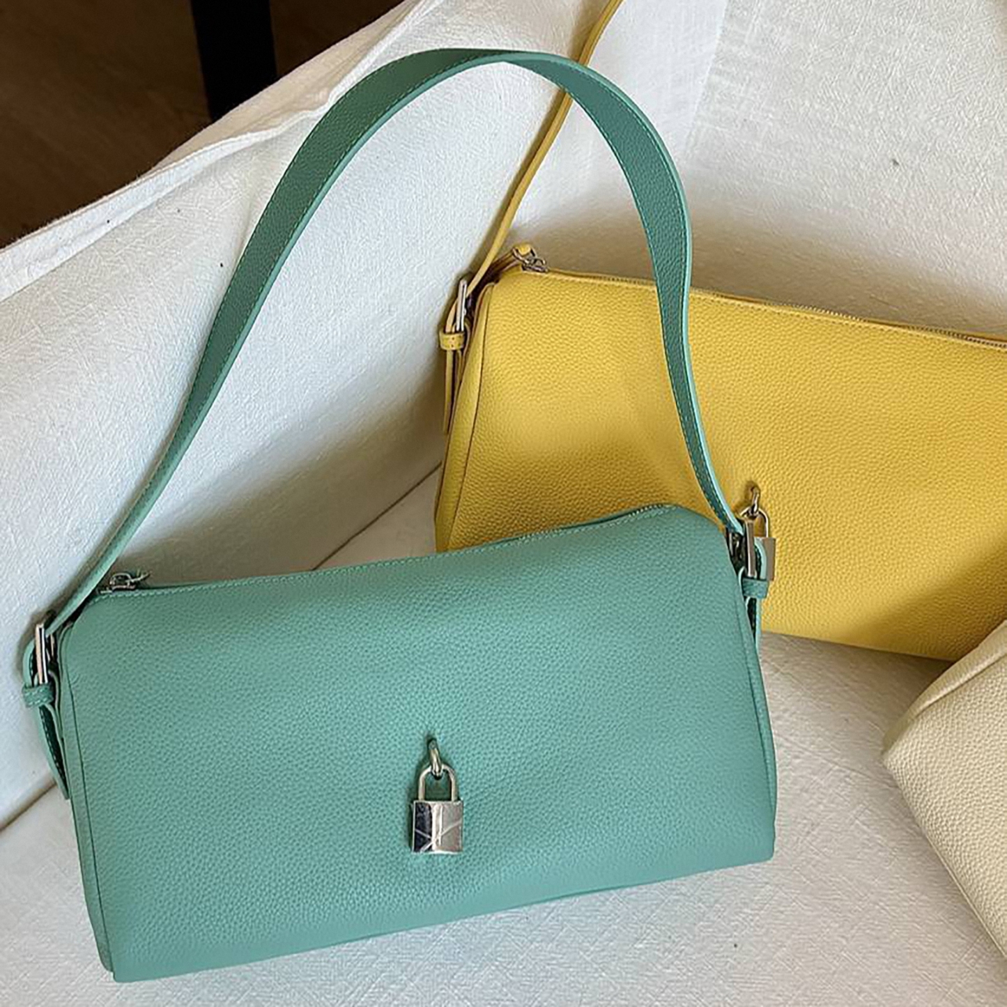 Leather Shoulder Bag, Leather Handbags with Lock Charm, Spring Summer Leather Tote Bag