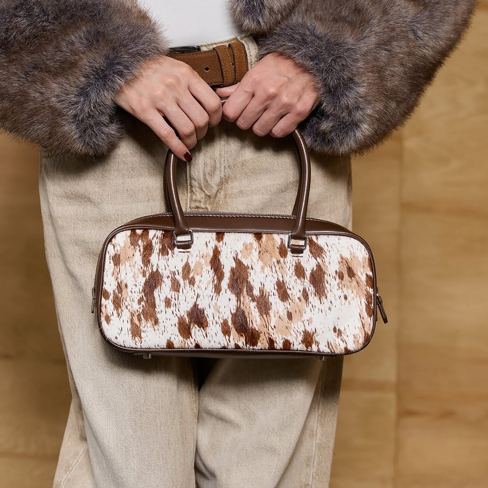 Small Leather Tote Bag, Pony Hair Leather Top Handle Bags, Women's Leather Shoulder Bag