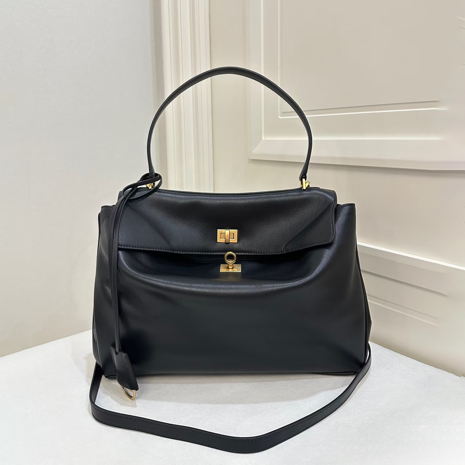 Black Top Handle Bag, Split Leather Shoulder Bags, Slouchy Style Handbags