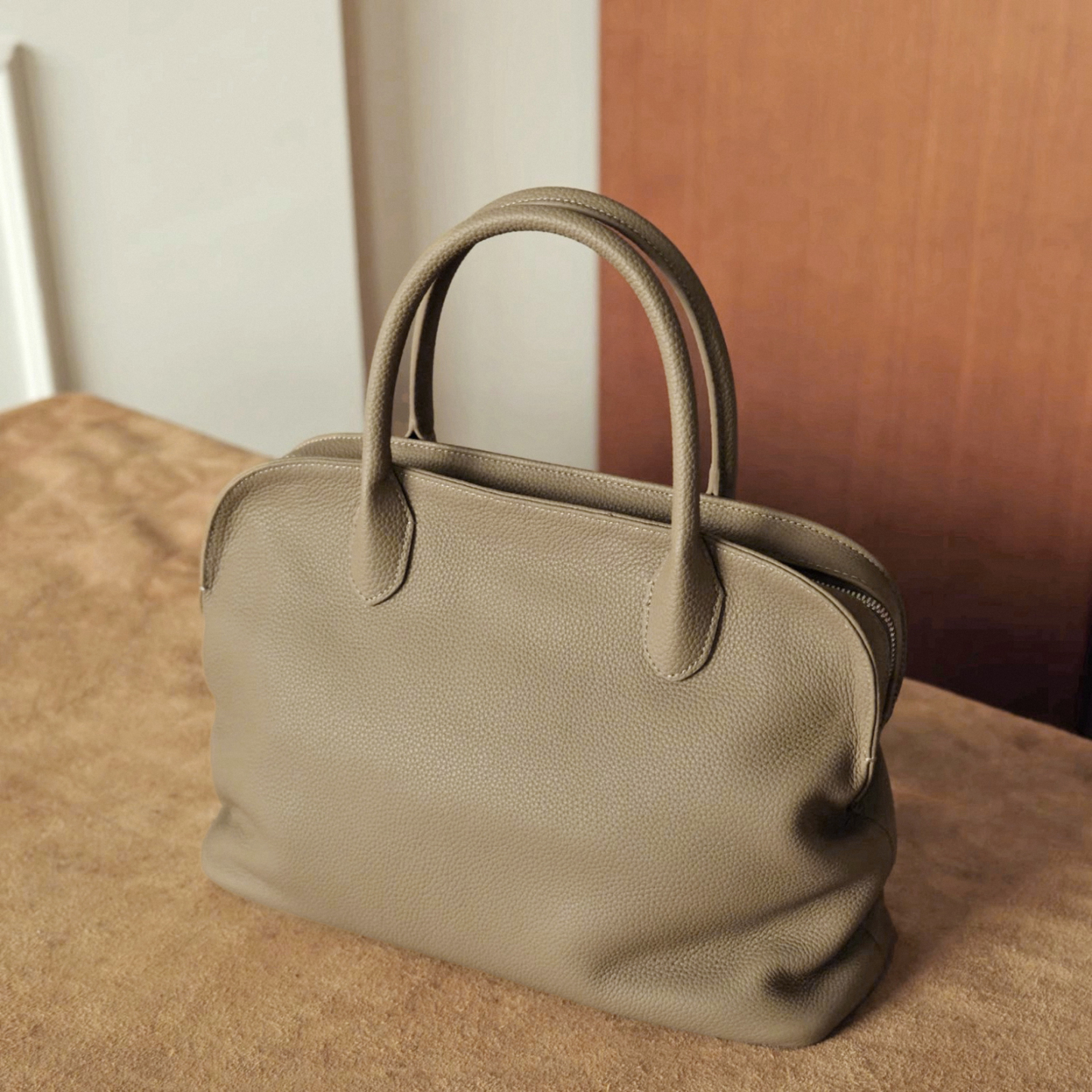 Pebbled Leather Top Handle Bag, Genuine Leather Shoulder Bags, Minimal Design Handbag