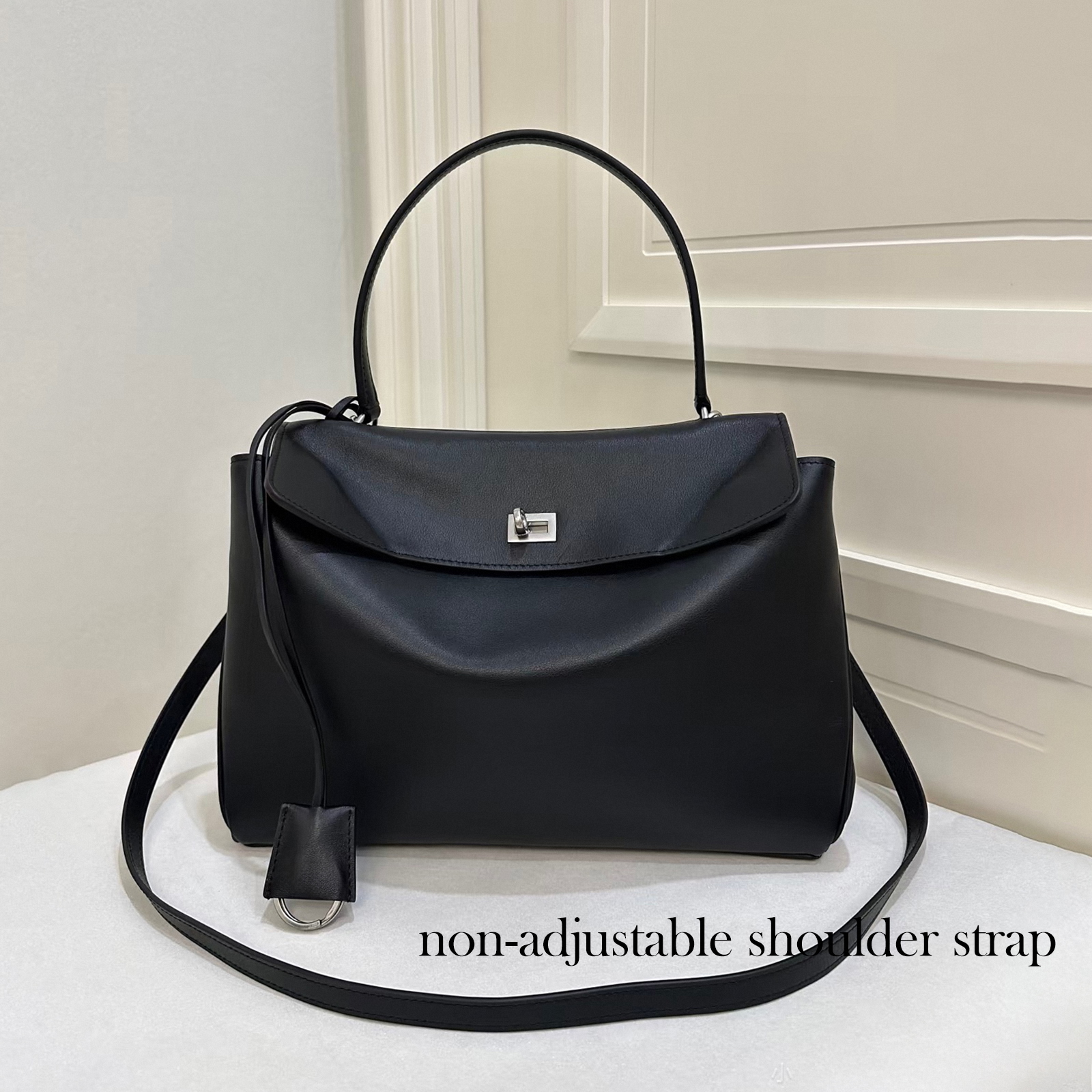 Black Top Handle Bag, Split Leather Shoulder Bags, Slouchy Style Handbags