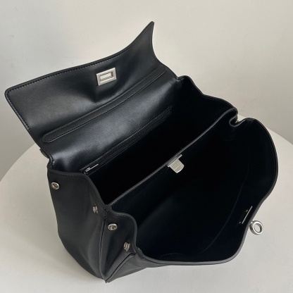 Black Top Handle Bag, Split Leather Shoulder Bags, Slouchy Style Handbags