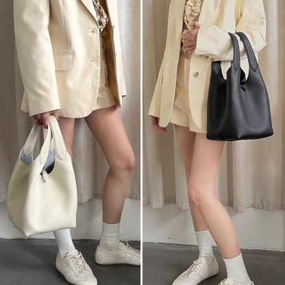 Minimal Leather Tote Bag, Women's Leather Bucket Bags, Leather Shoulder Bag