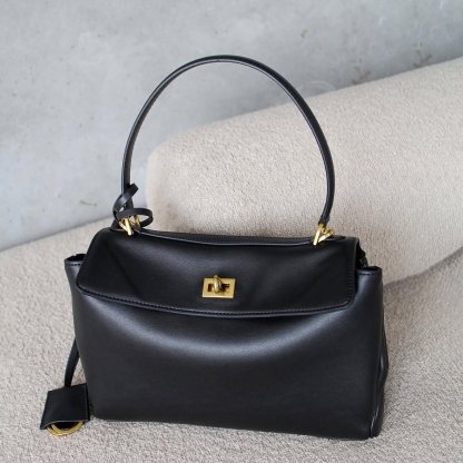 Black Top Handle Bag, Split Leather Shoulder Bags, Slouchy Style Handbags