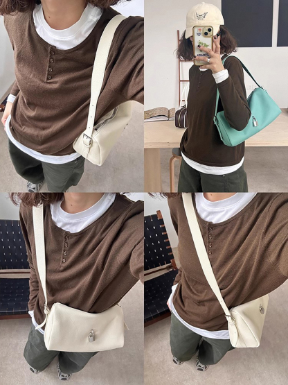 Leather Shoulder Bag, Leather Handbags with Lock Charm, Spring Summer Leather Tote Bag