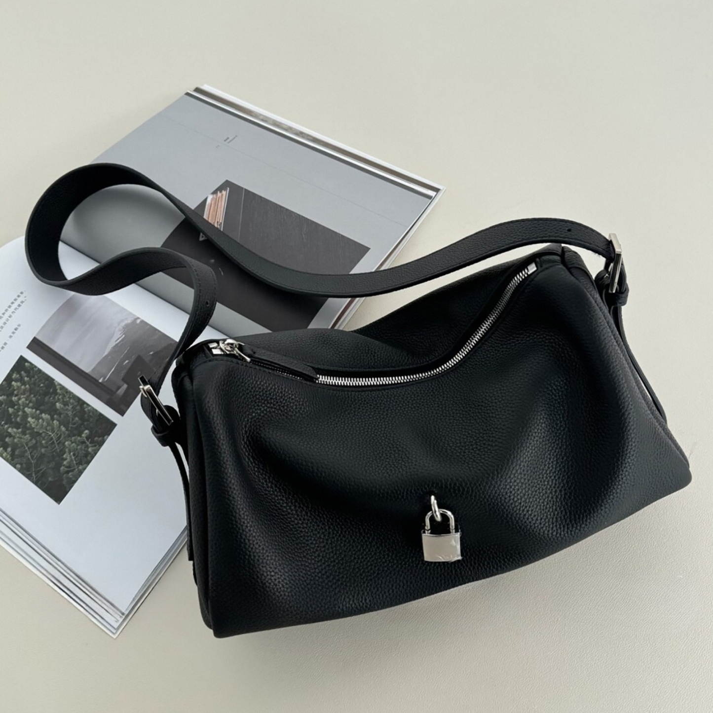 Leather Shoulder Bag, Leather Handbags with Lock Charm, Spring Summer Leather Tote Bag