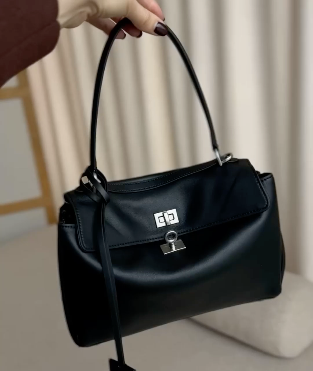 Black Top Handle Bag, Split Leather Shoulder Bags, Slouchy Style Handbags