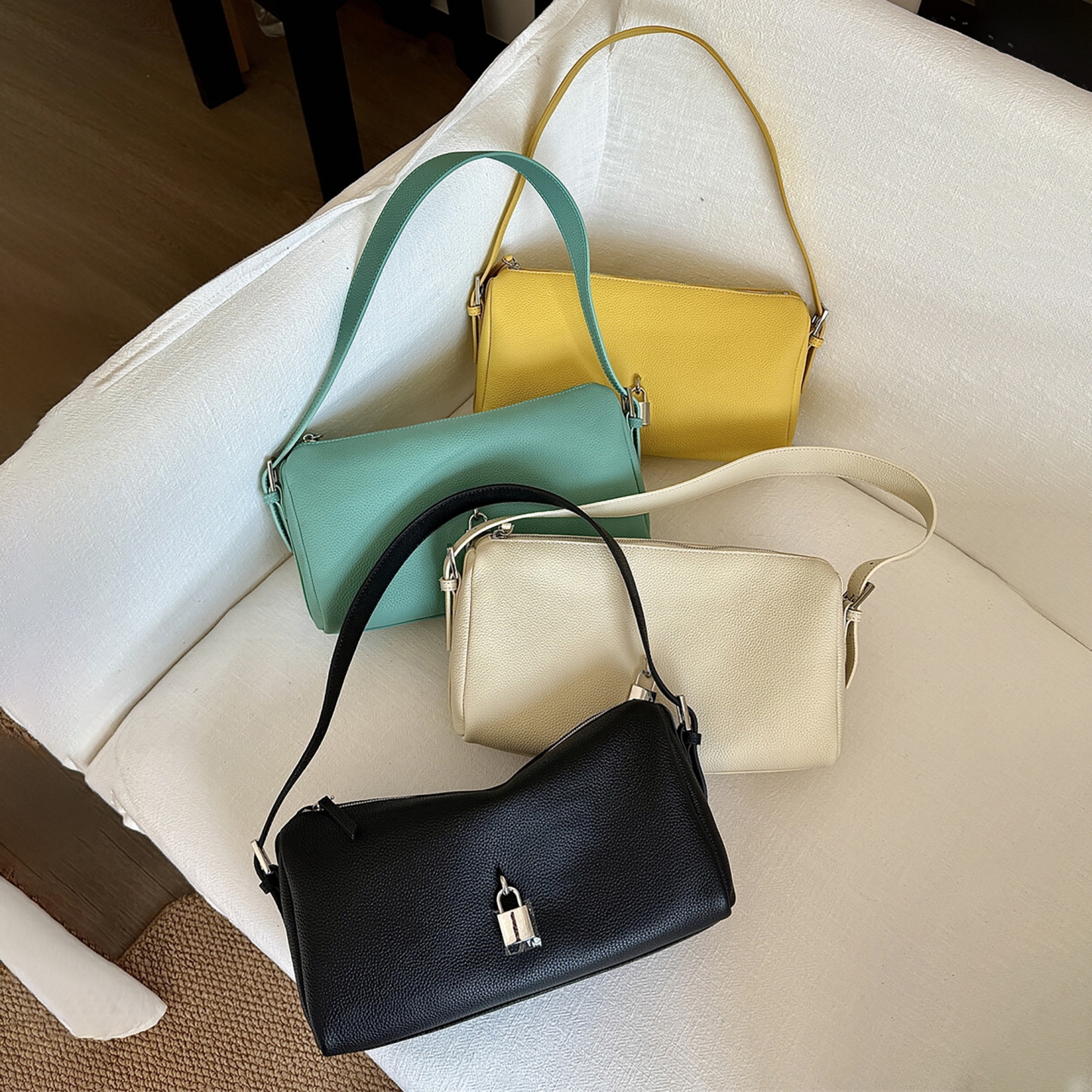 Leather Shoulder Bag, Leather Handbags with Lock Charm, Spring Summer Leather Tote Bag