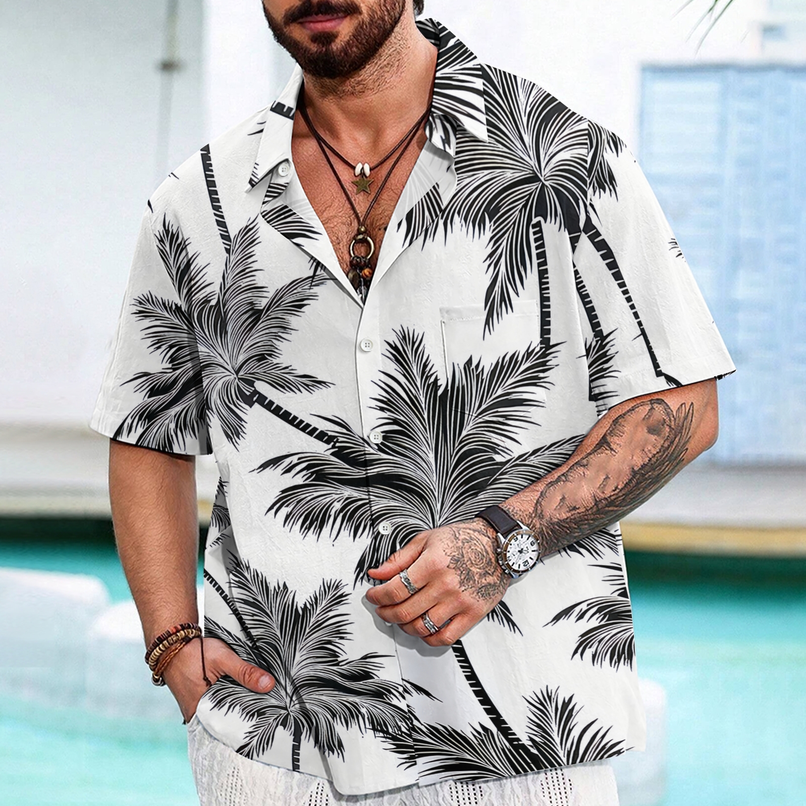 Tropical Paradise Men's Short-Sleeve Shirt - Palm Leaf Design