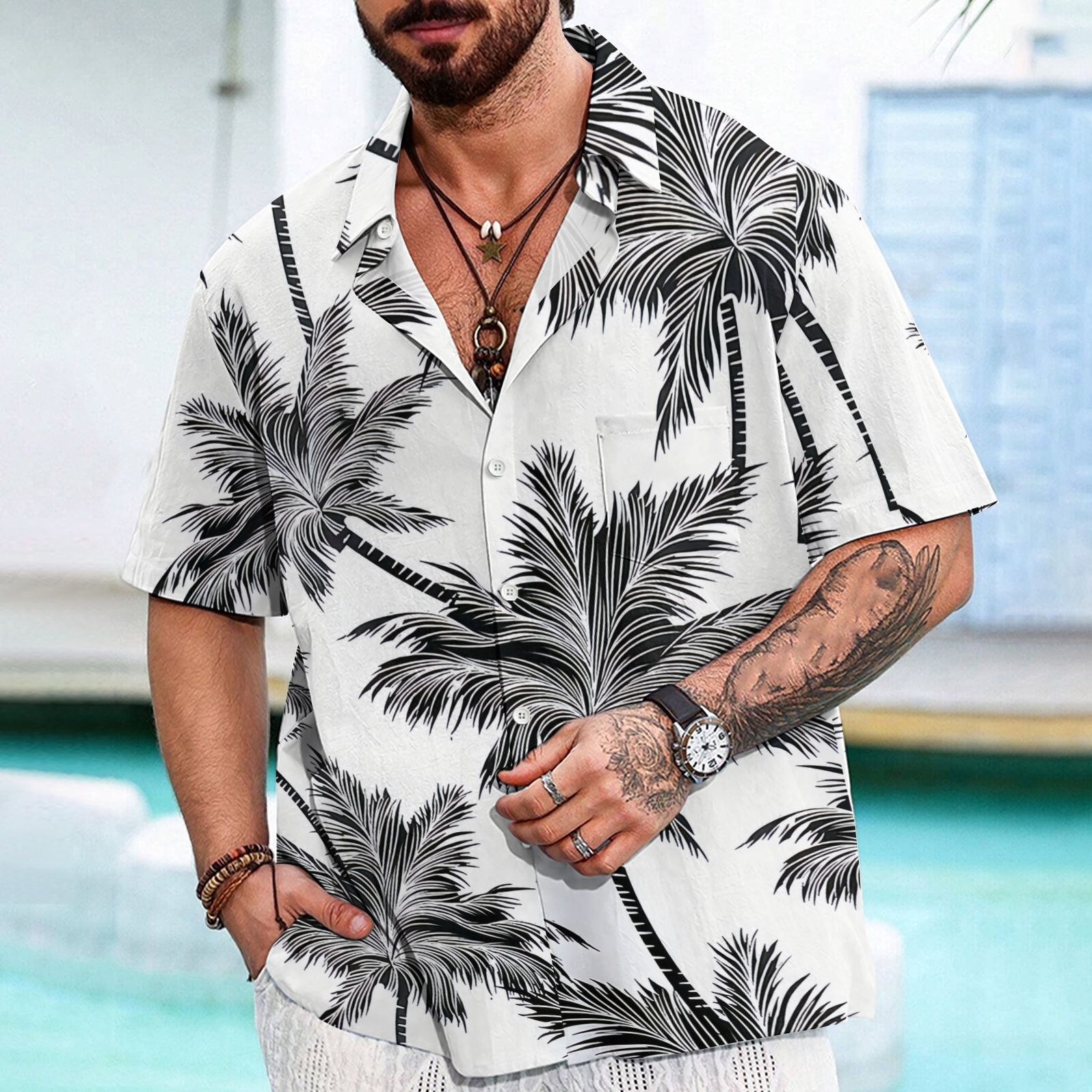 Tropical Paradise Men's Short-Sleeve Shirt - Palm Leaf Design