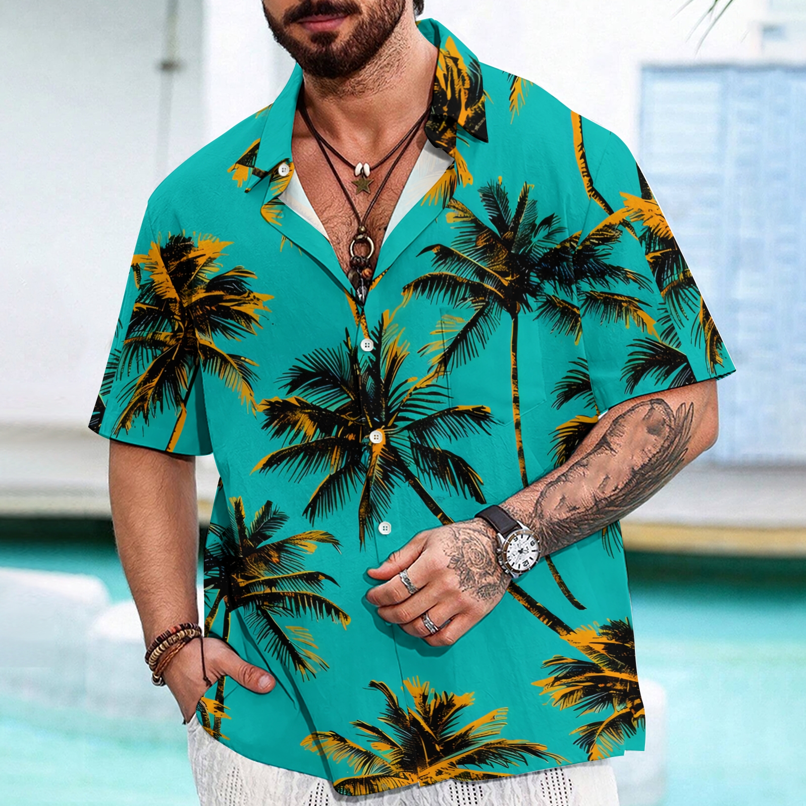 Oceanic Palm Frond Print Men's Lightweight Summer Shirt