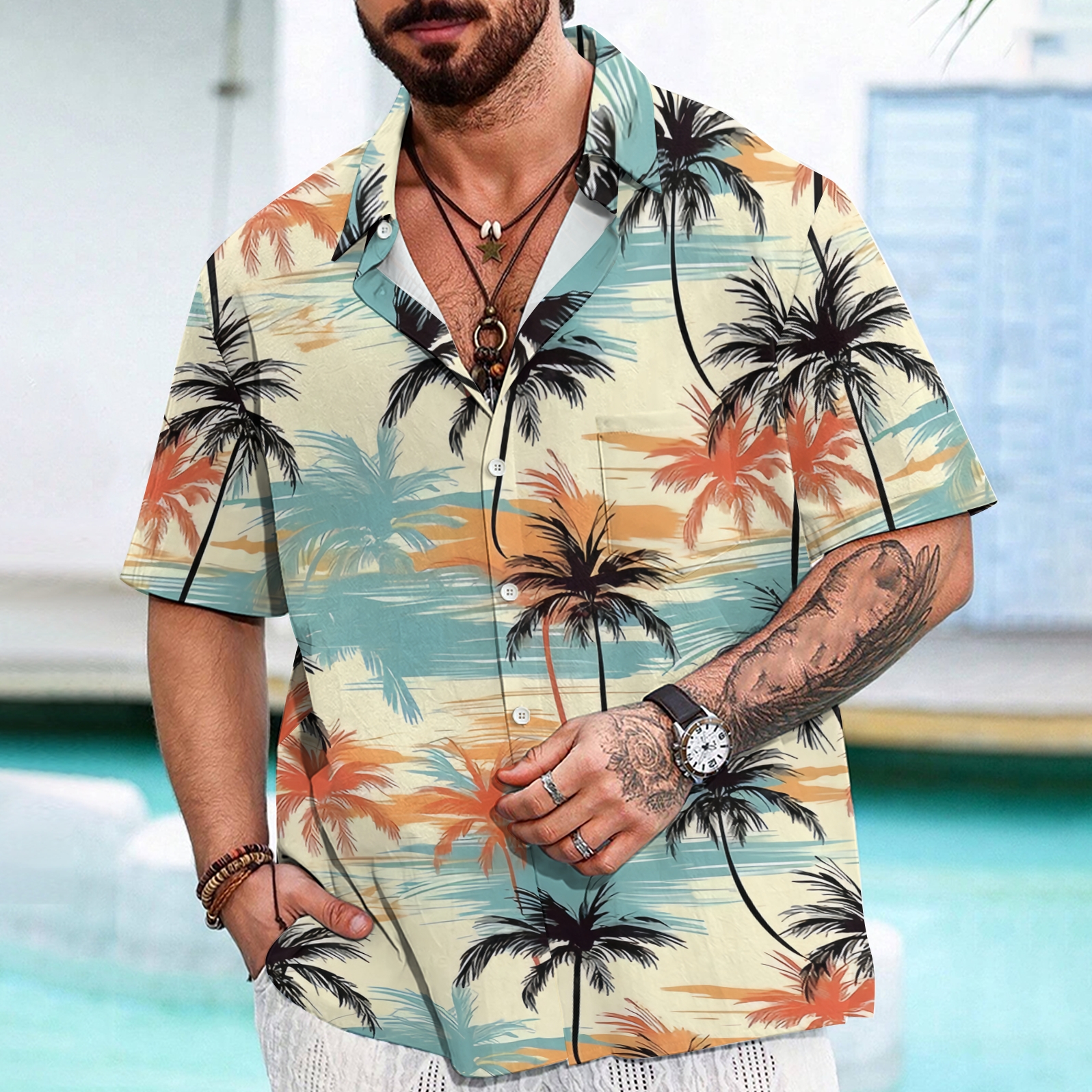 Surf & Sand Print Men's Breathable Linen Beach Shirt
