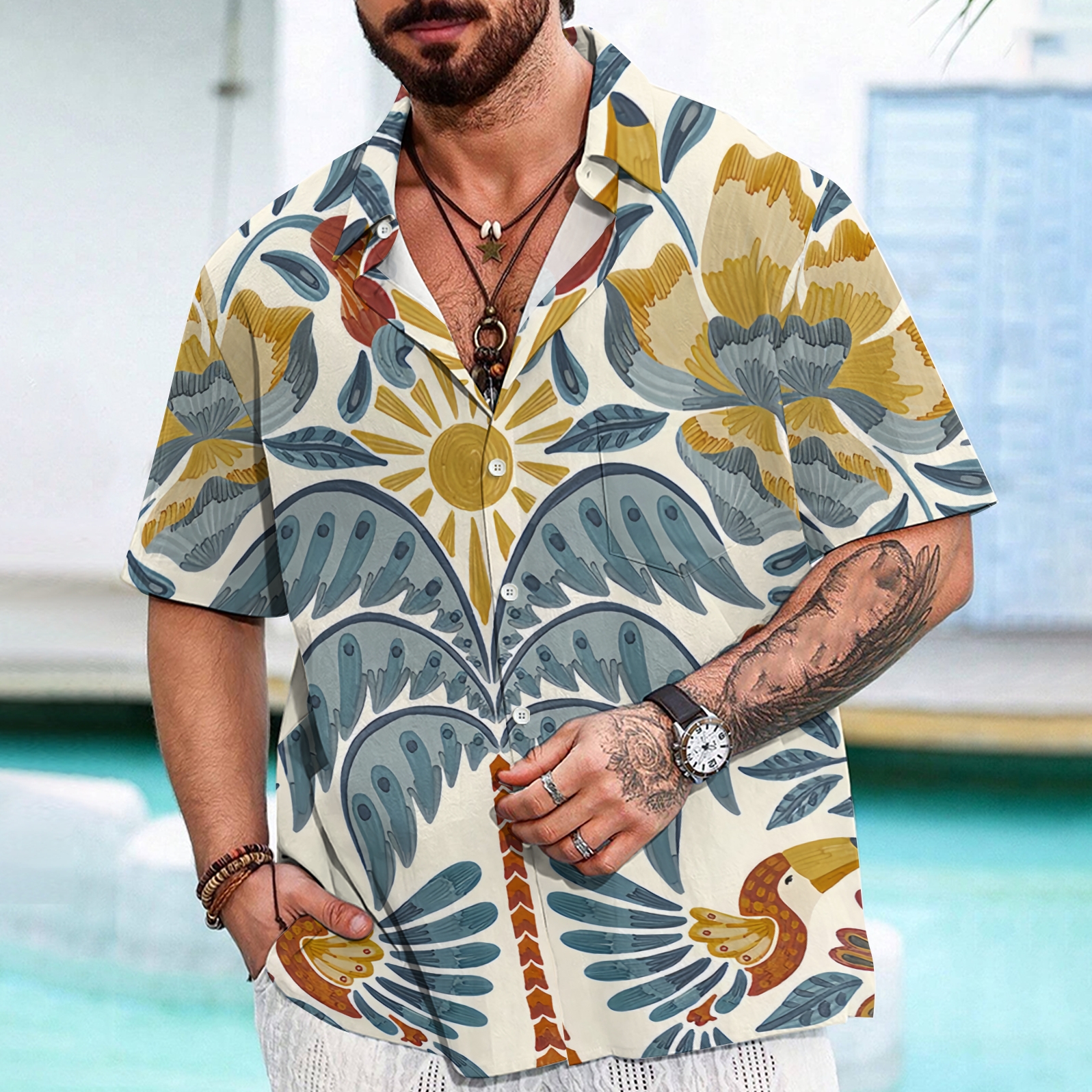 Exotic Beachscape Pattern Men's Button-Up Casual Shirt