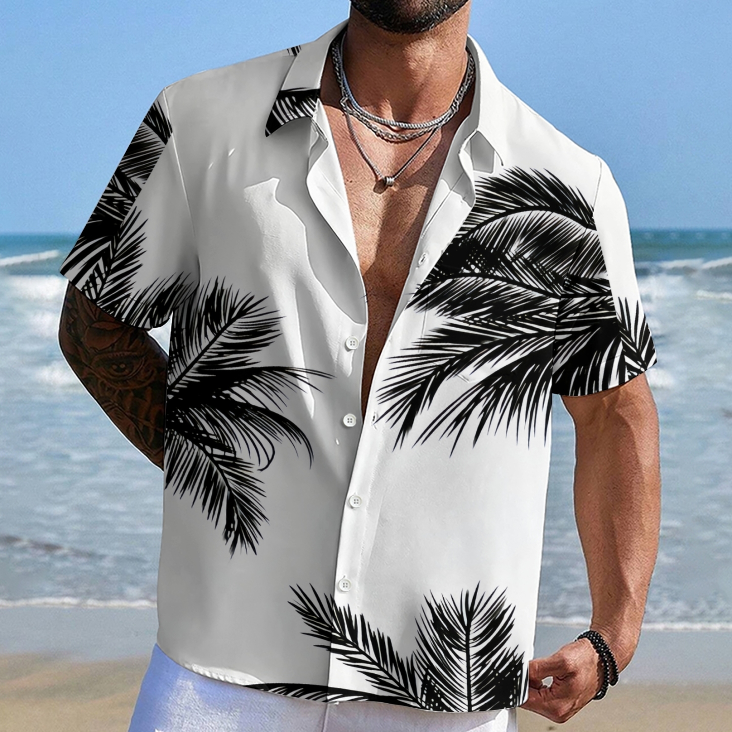 Ocean Wave & Palm Tree Men's Resort Vacation Shirt