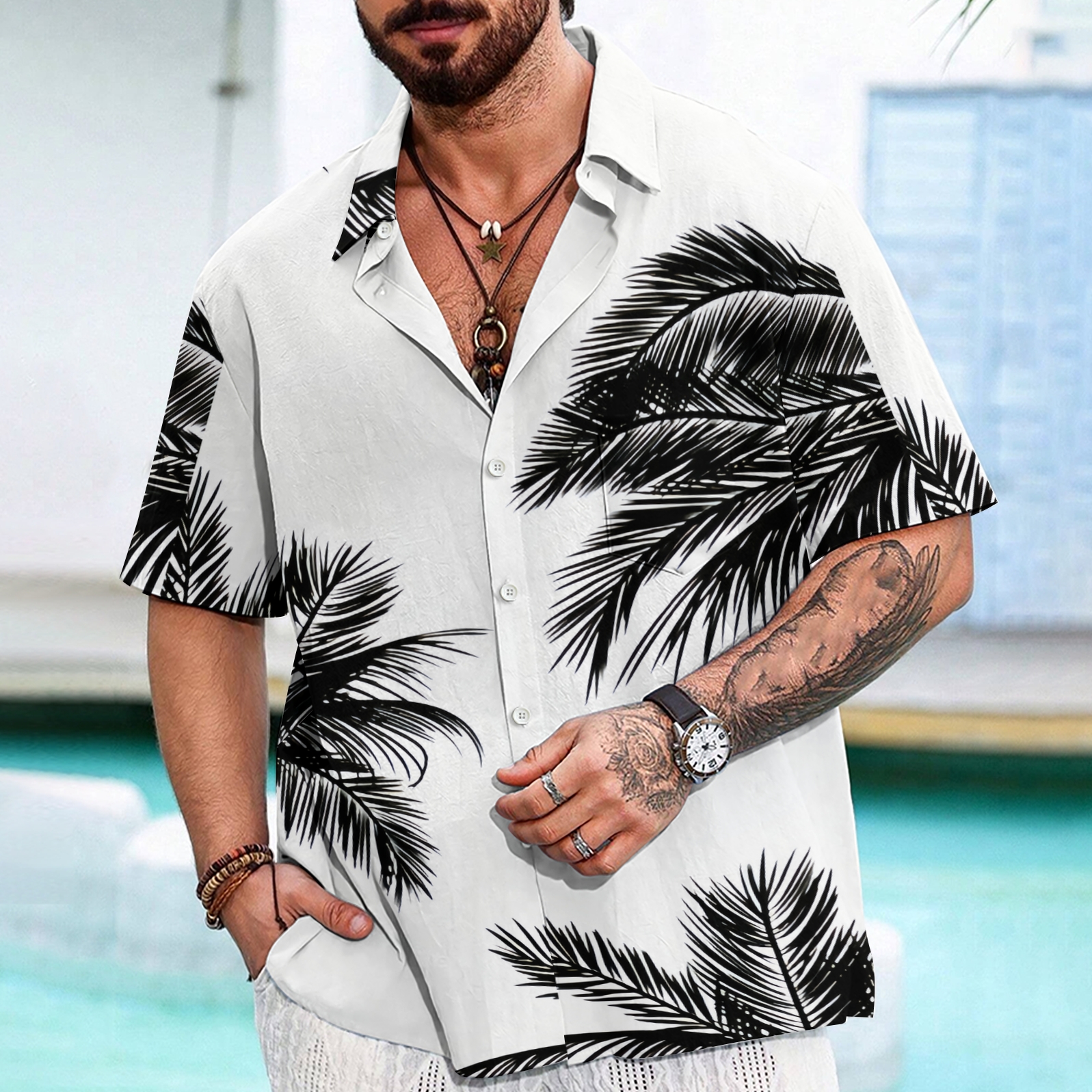 Ocean Wave & Palm Tree Men's Resort Vacation Shirt