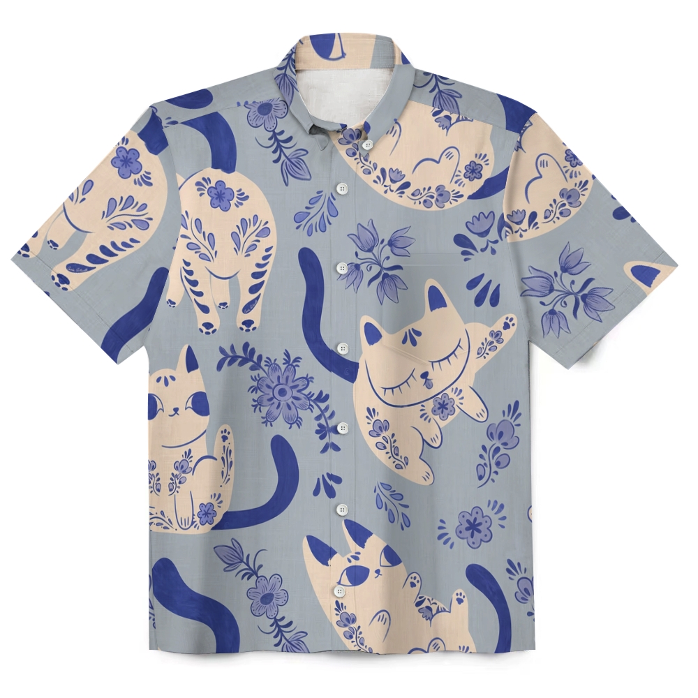 Cat Print Men's Funny 120g Linen Short Sleeve Shirt