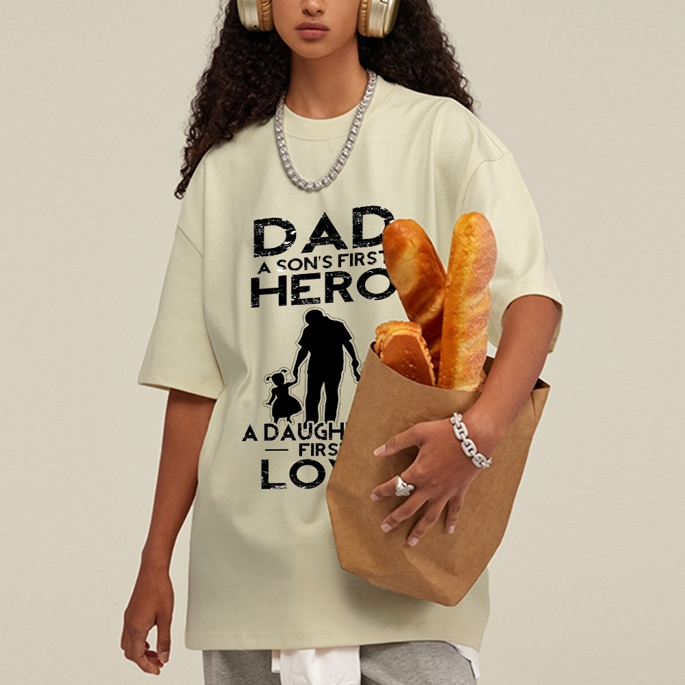 Dad A Son's First Hero A Daughter's First Love Men's Cozy 100% Washed Cotton T-shirt