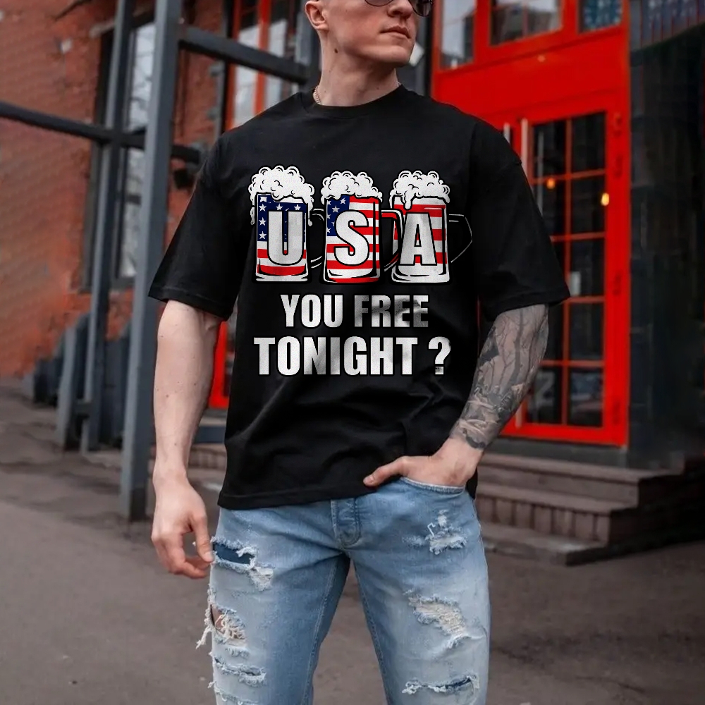 American Flag Beer T-shirt Funny 4th of July T-shirt Men's Cozy 100% Cotton T-shirt