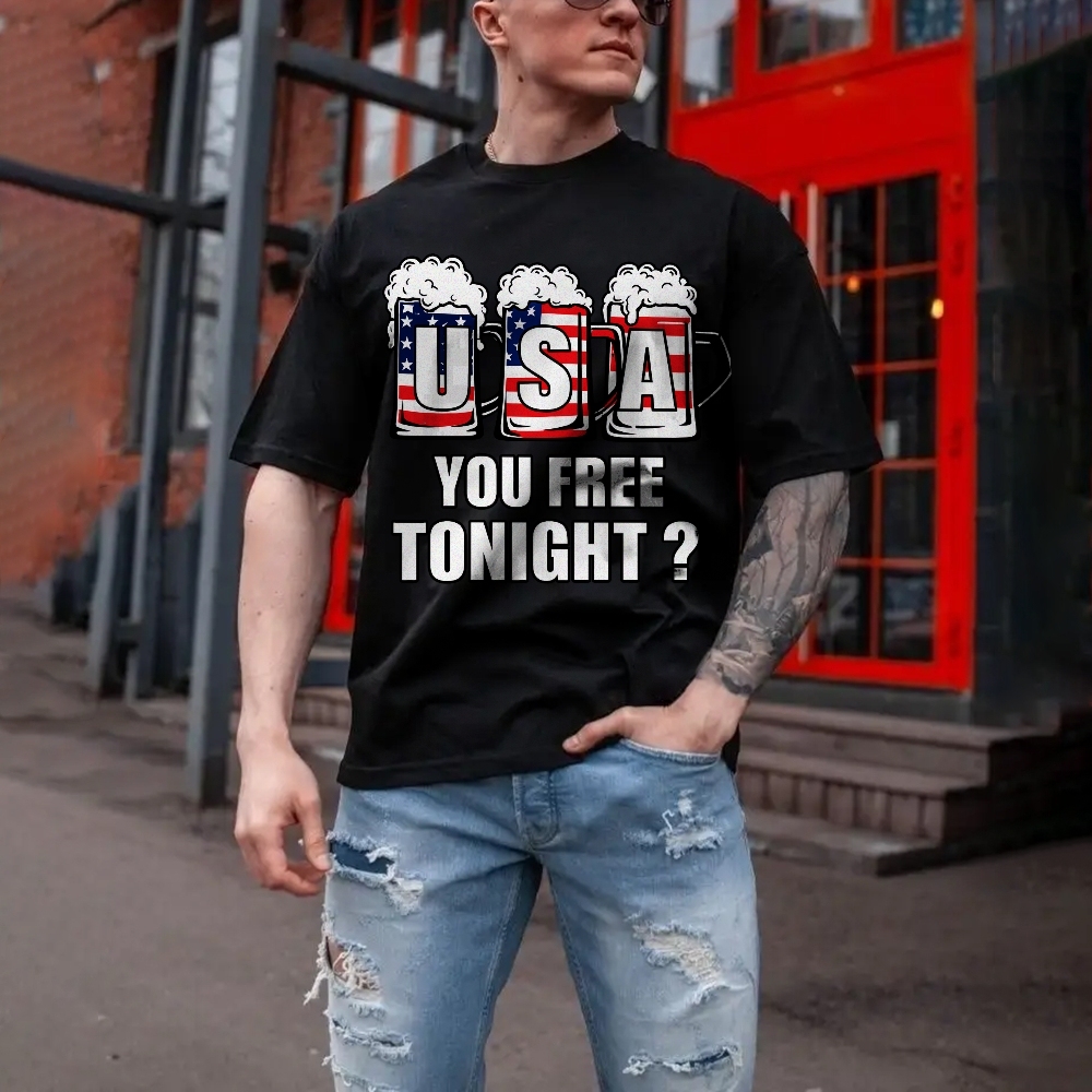 American Flag Beer T-shirt Funny 4th of July T-shirt Men's Cozy 100% Cotton T-shirt