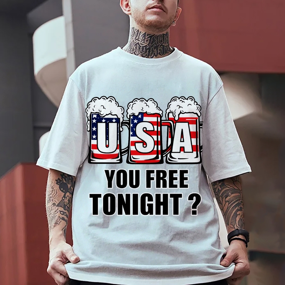 American Flag Beer T-shirt Funny 4th of July T-shirt Men's Cozy 100% Cotton T-shirt