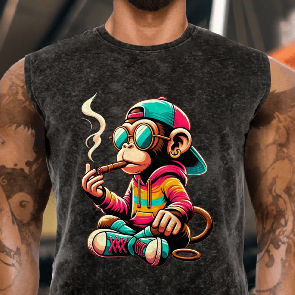 Cartoon Smoking Monkey Men's Funny Cotton Tank Top