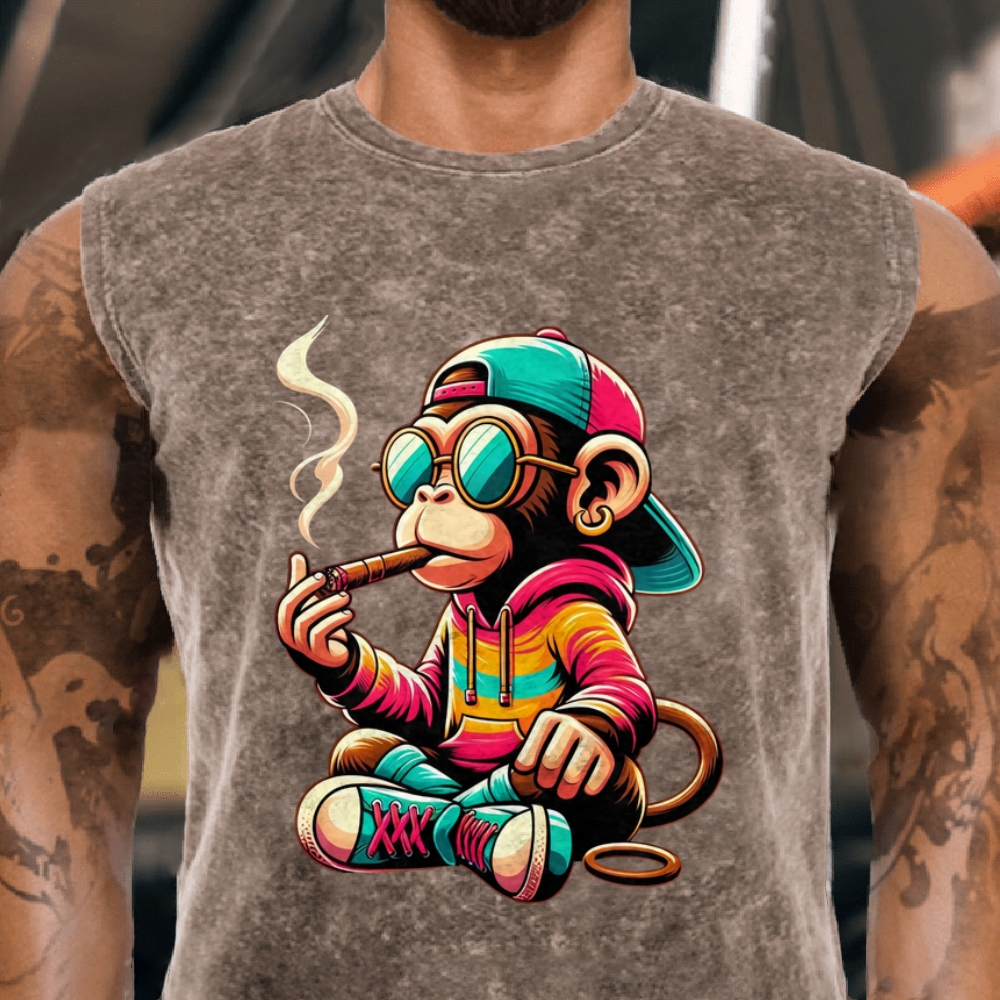Cartoon Smoking Monkey Men's Funny Cotton Tank Top