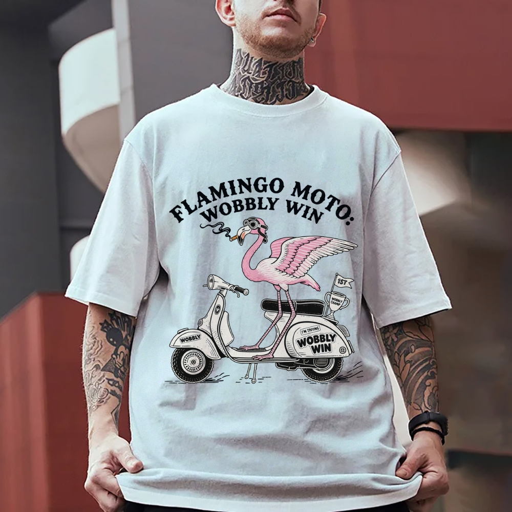 Flamingo moto wobbly win Men's Funny 100% Cotton T-shirt
