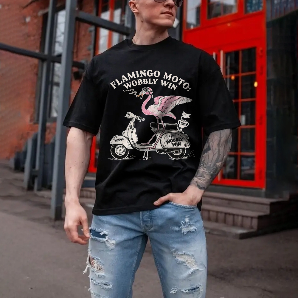 Flamingo moto wobbly win Men's Funny 100% Cotton T-shirt