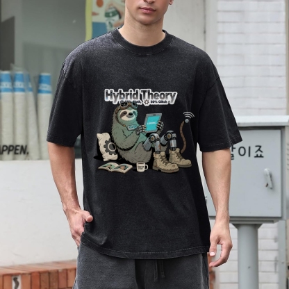 Hybrid Theory 50% Sloth 50% Glitch Men's Casual Washed Cotton T-shirt