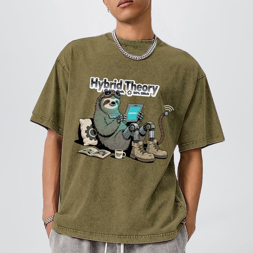Hybrid Theory 50% Sloth 50% Glitch Men's Casual Washed Cotton T-shirt