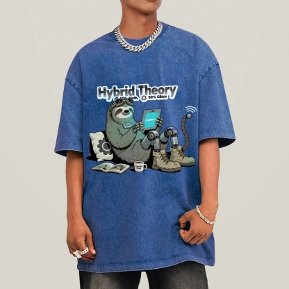 Hybrid Theory 50% Sloth 50% Glitch Men's Casual Washed Cotton T-shirt