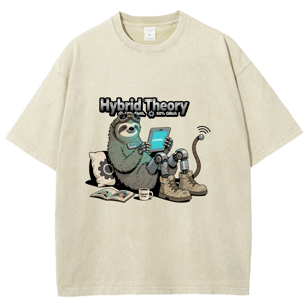 Hybrid Theory 50% Sloth 50% Glitch Men's Casual Washed Cotton T-shirt