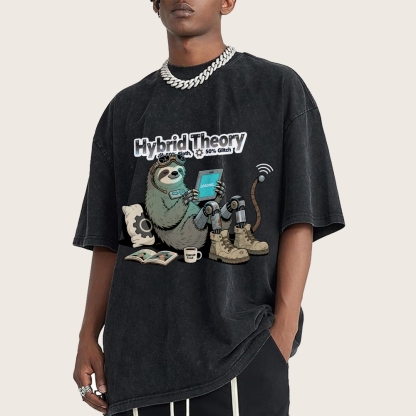 Hybrid Theory 50% Sloth 50% Glitch Men's Casual Washed Cotton T-shirt