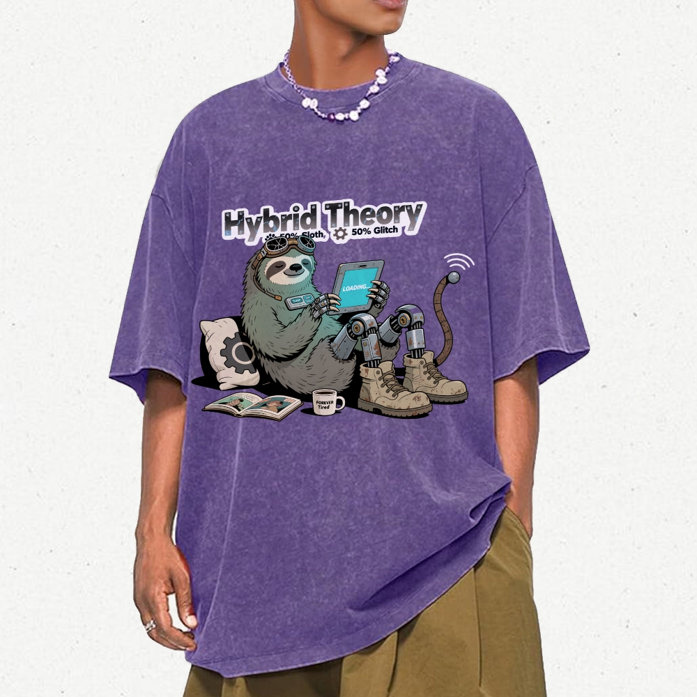 Hybrid Theory 50% Sloth 50% Glitch Men's Casual Washed Cotton T-shirt