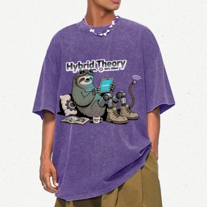 Hybrid Theory 50% Sloth 50% Glitch Men's Casual Washed Cotton T-shirt