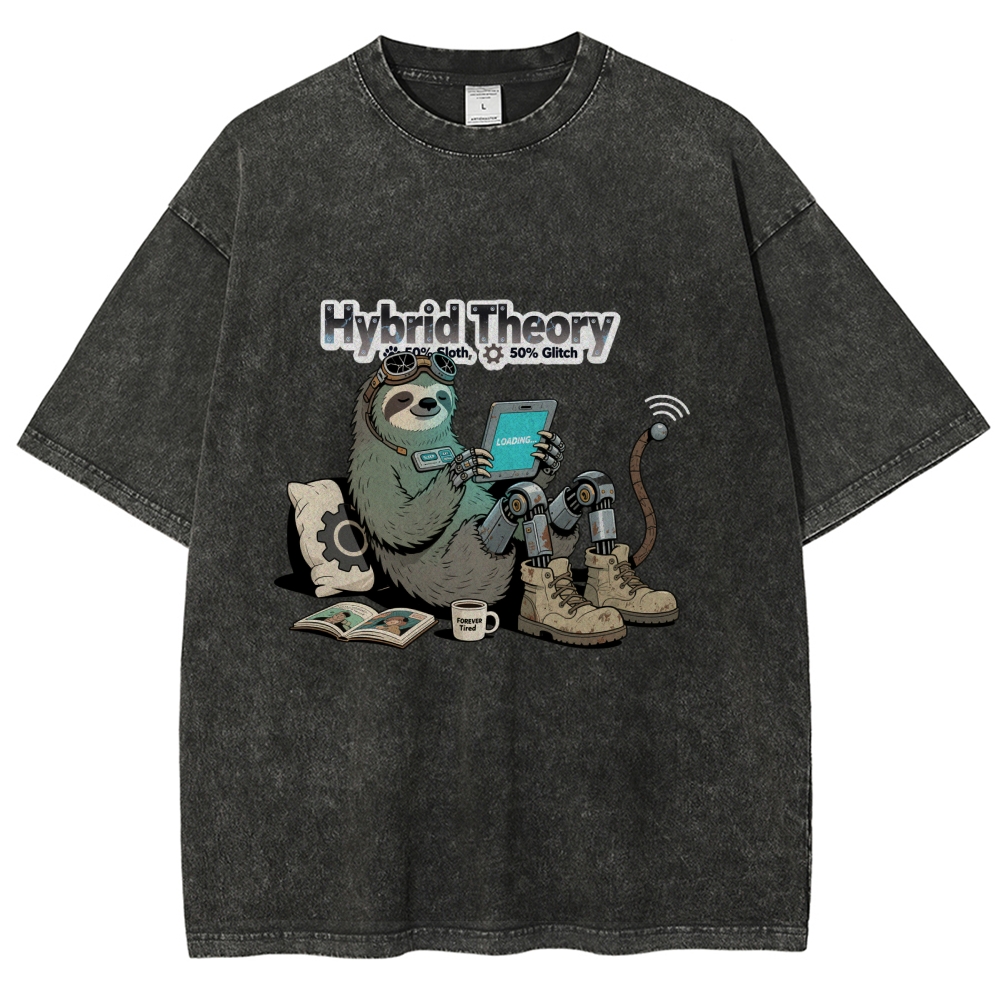 Hybrid Theory 50% Sloth 50% Glitch Men's Casual Washed Cotton T-shirt