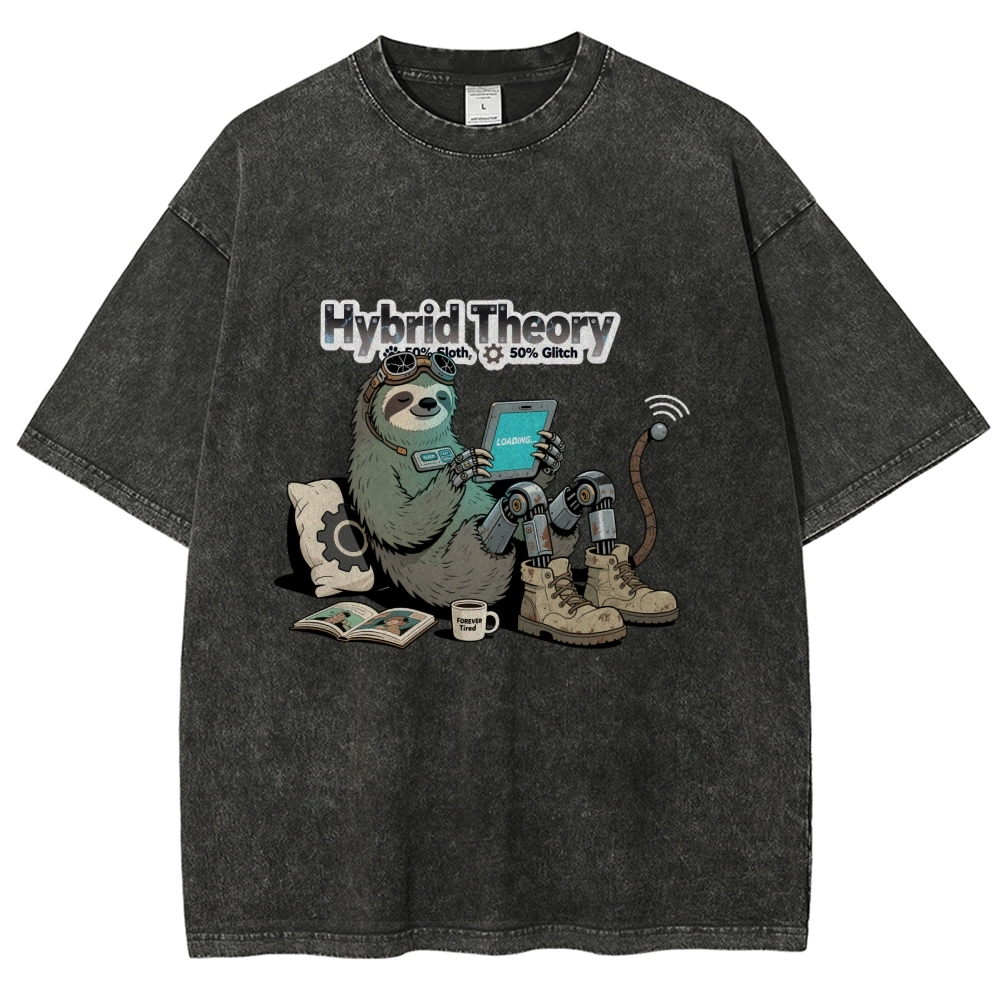 Hybrid Theory 50% Sloth 50% Glitch Men's Casual Washed Cotton T-shirt