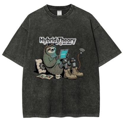 Hybrid Theory 50% Sloth 50% Glitch Men's Casual Washed Cotton T-shirt