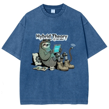 Hybrid Theory 50% Sloth 50% Glitch Men's Casual Washed Cotton T-shirt