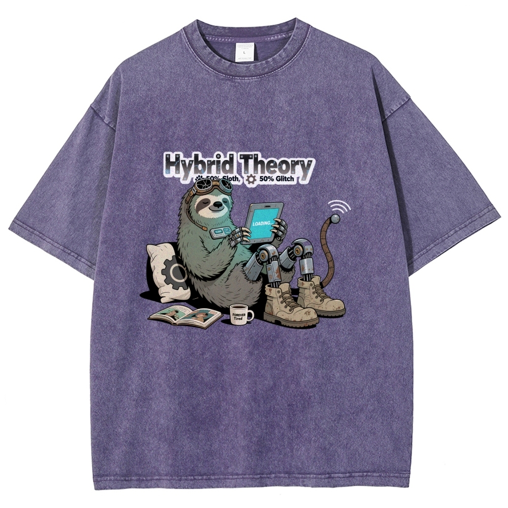 Hybrid Theory 50% Sloth 50% Glitch Men's Casual Washed Cotton T-shirt