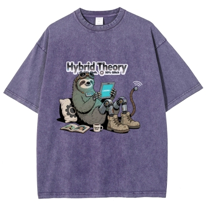 Hybrid Theory 50% Sloth 50% Glitch Men's Casual Washed Cotton T-shirt
