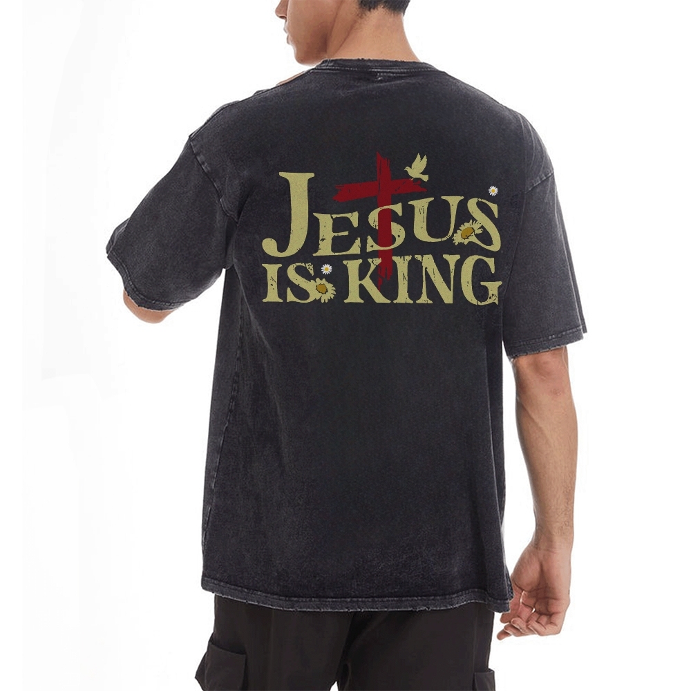 Jesus Is King Christian Casual Washed Cotton T-shirt