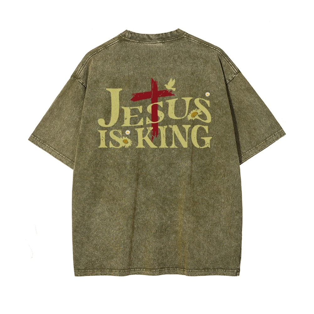 Jesus Is King Christian Casual Washed Cotton T-shirt