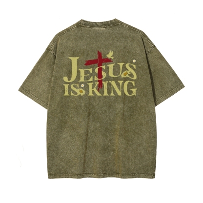 Jesus Is King Christian Casual Washed Cotton T-shirt