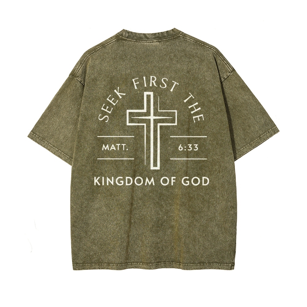 Seek First The Kingdom Of God Christian Men's Casual Washed Cotton T-shirt