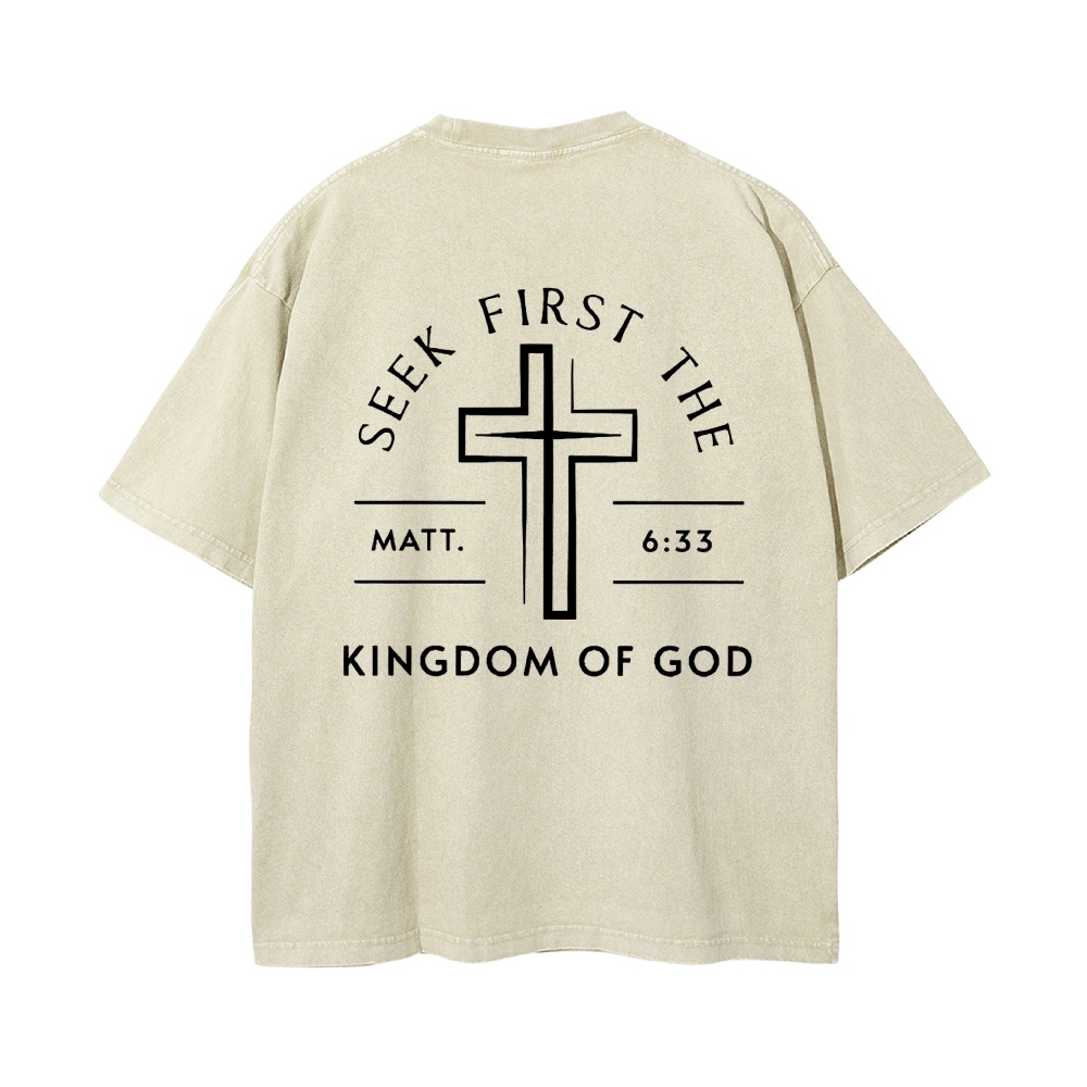 Seek First The Kingdom Of God Christian Men's Casual Washed Cotton T-shirt