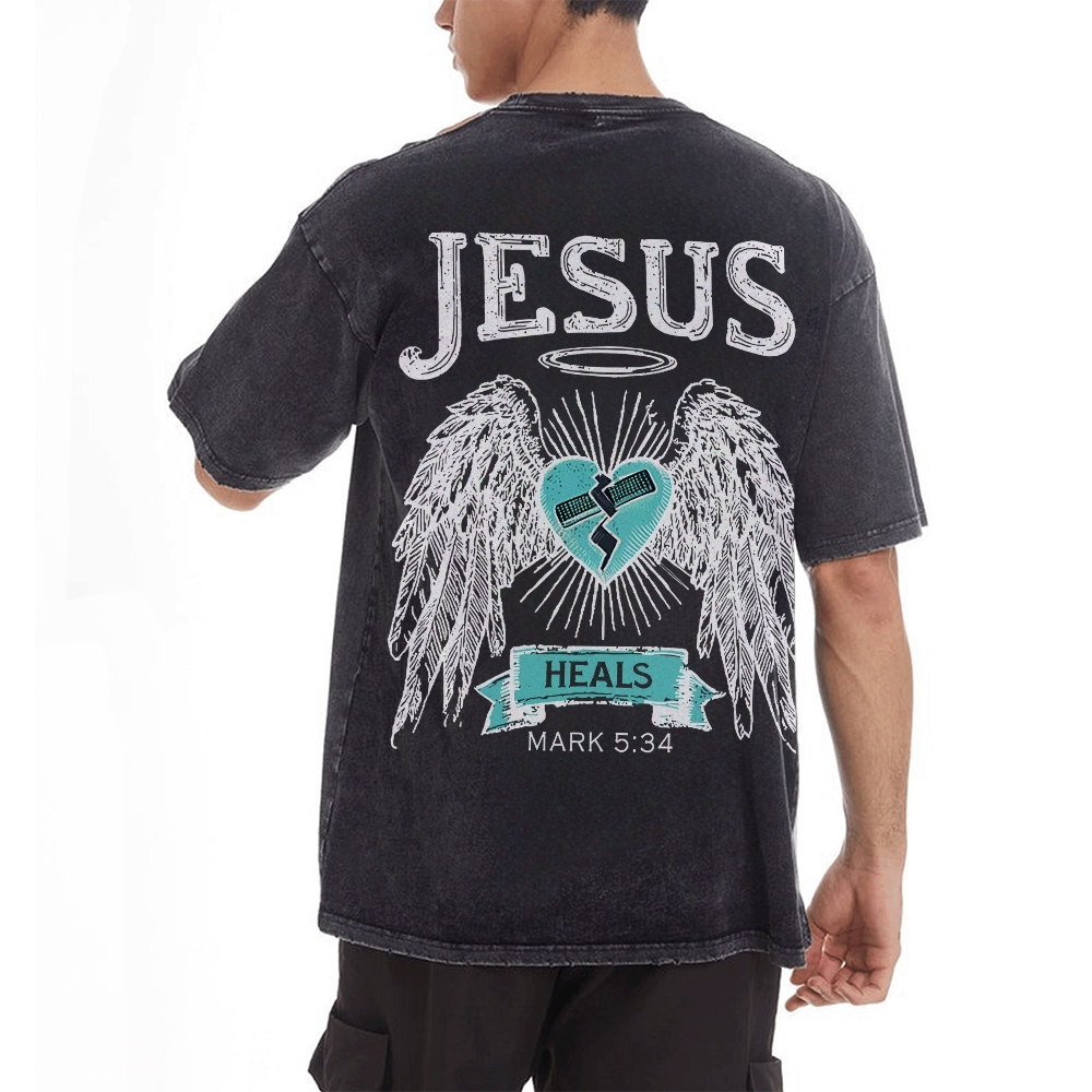 Jesus Heals Men's Casual Washed Cotton T-shirt