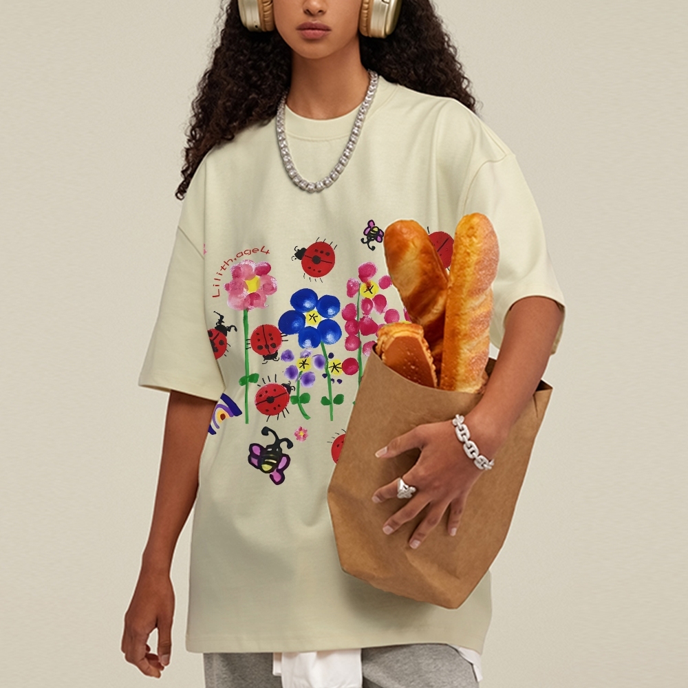 Flowers And ladybugs Hand Painted Art from a Child's Hands T-shirt