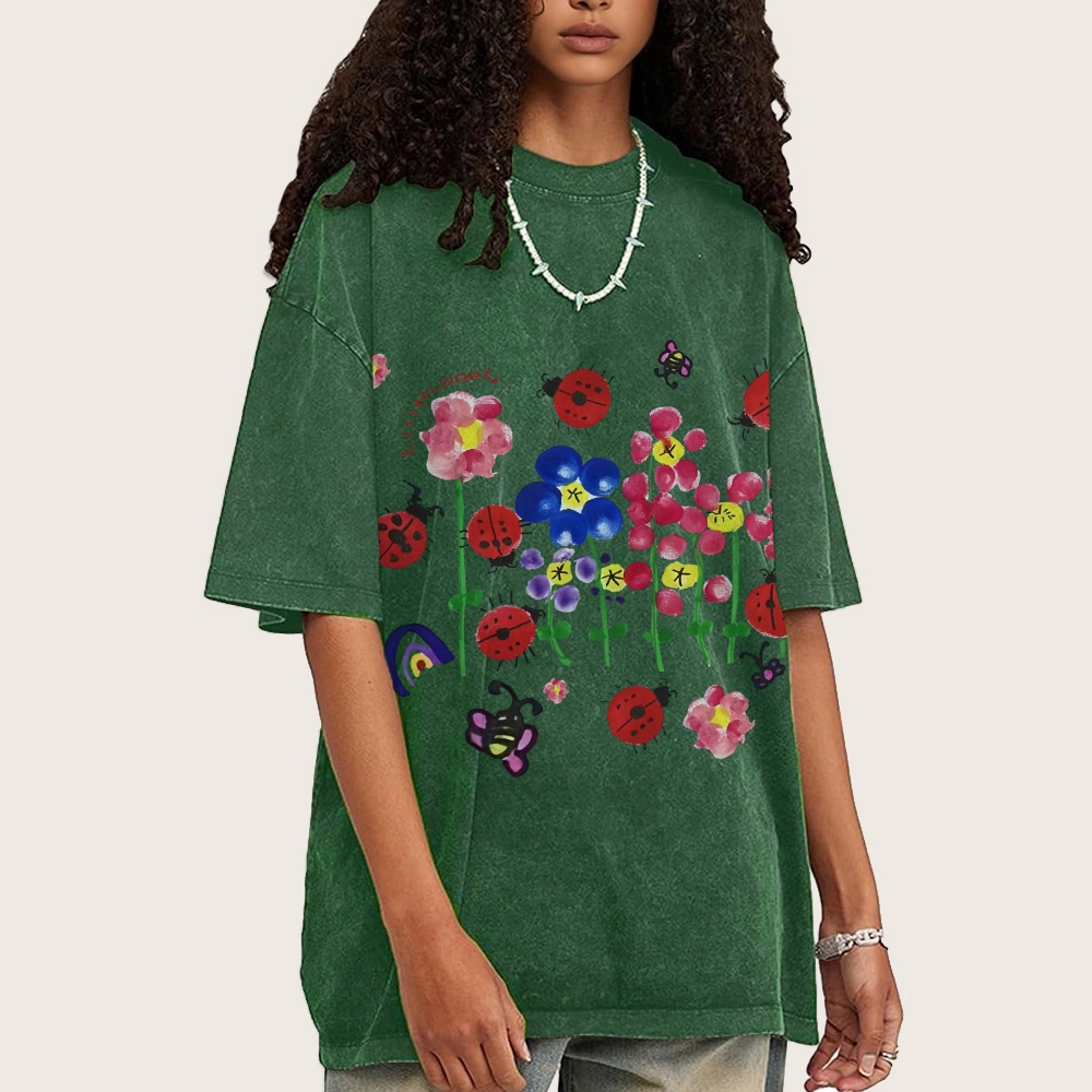 Flowers And ladybugs Hand Painted Art from a Child's Hands T-shirt